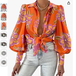 Button Down Shirts V Neck Printed Solid Boho Long Sleeve Blouse
